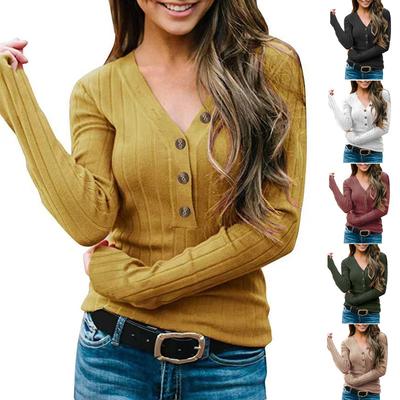 Women's Fashion Long Sleeve Tee Shirts V-neck Knitted Sweater Ladies Solid Color Slim Fit Button Up Pullover Sweater Bodycon Shirts