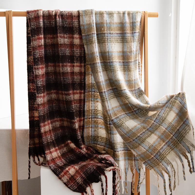 New Fluffy Large Brushed Imitation Cashmere Plaid Tassel Scarf High-end Women's Plaid Scarf Shawl