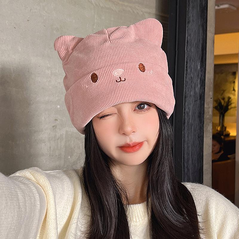 Cute Cat Embroidered Knitted Hat Outdoor Warm Ear Protection Cat Ears Wool Cap Over Head Cold Cap Street Beanies Cap Penny Cap