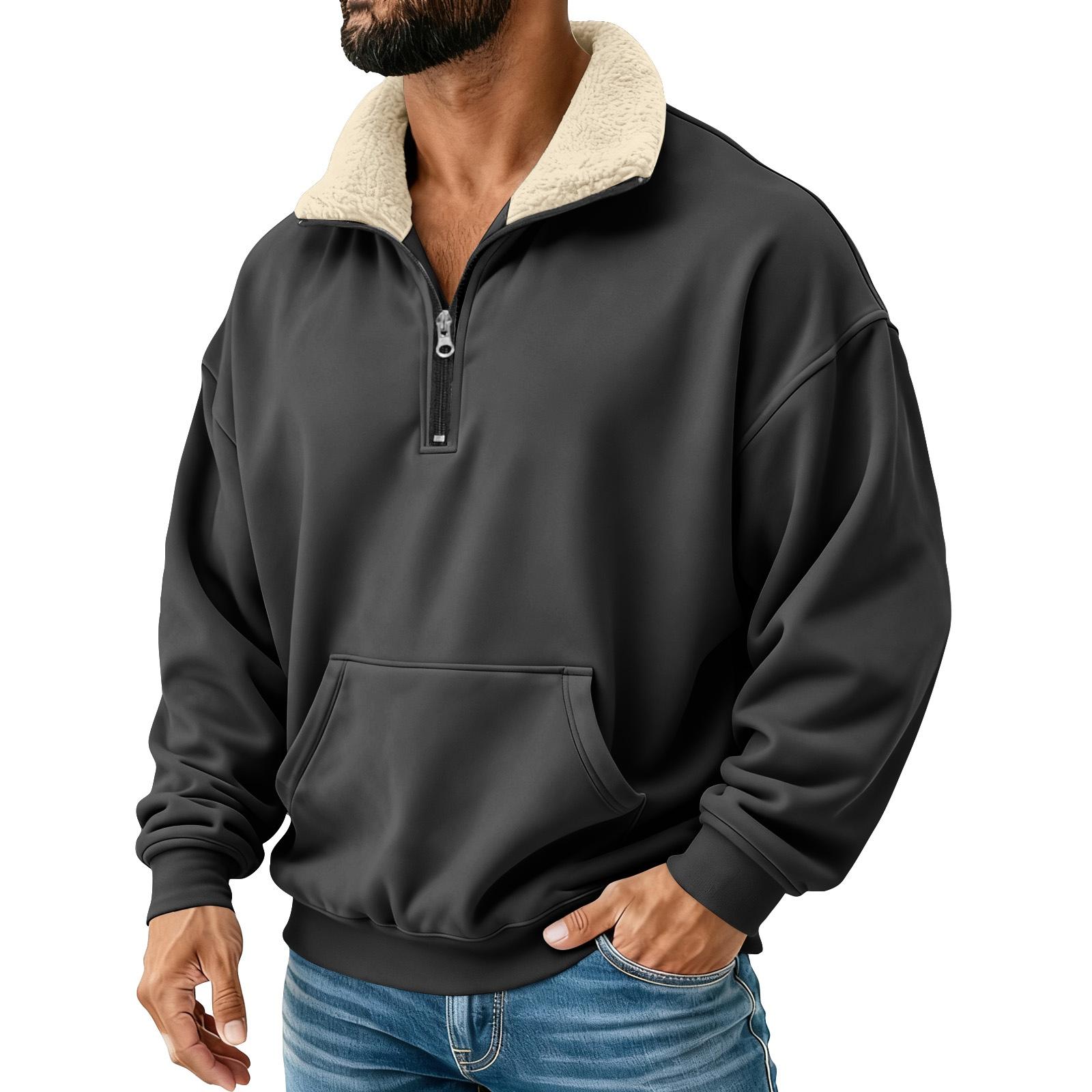 Men s Color Half-Zip Stand Collar Plush Sweatshirt Men s Sports Plus Size Casual Sweatshirt L