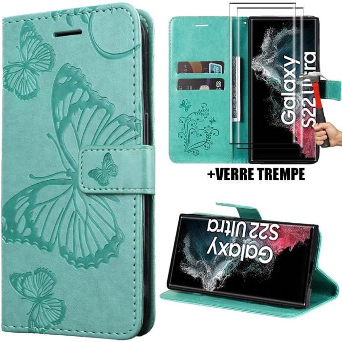 Coque et Verres Trempés - BOOLING - pour Samsung Galaxy S22 Ultra - Effet Cuir Vert - Motif Papillon - Protection 360°