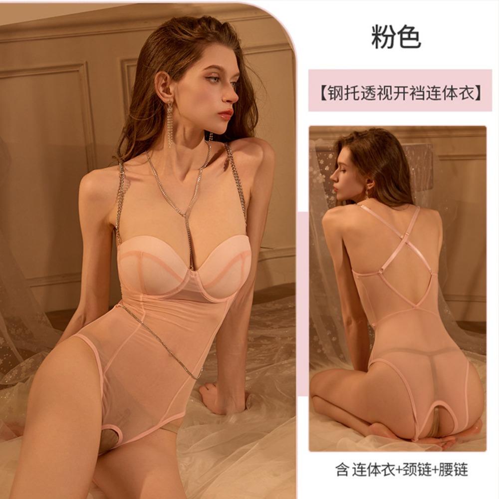Large Size Erotic Underwear Sexy Temptation Chest Pad Gathering Pajamas Free Open Pants Female Temptation with Steel Rim Onesie