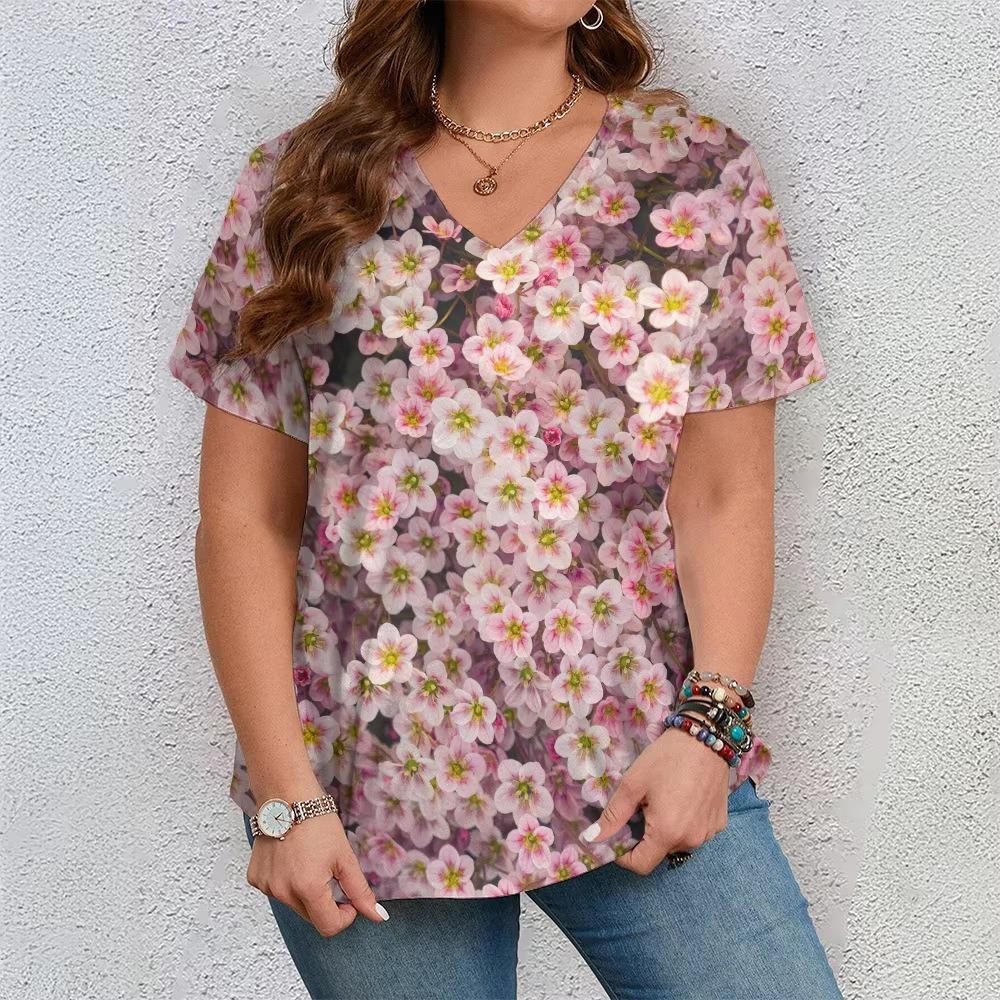Fashionable Floral 3D Digital Printed Women's Casual and Comfortable V-neck Short Sleeved T-shirt