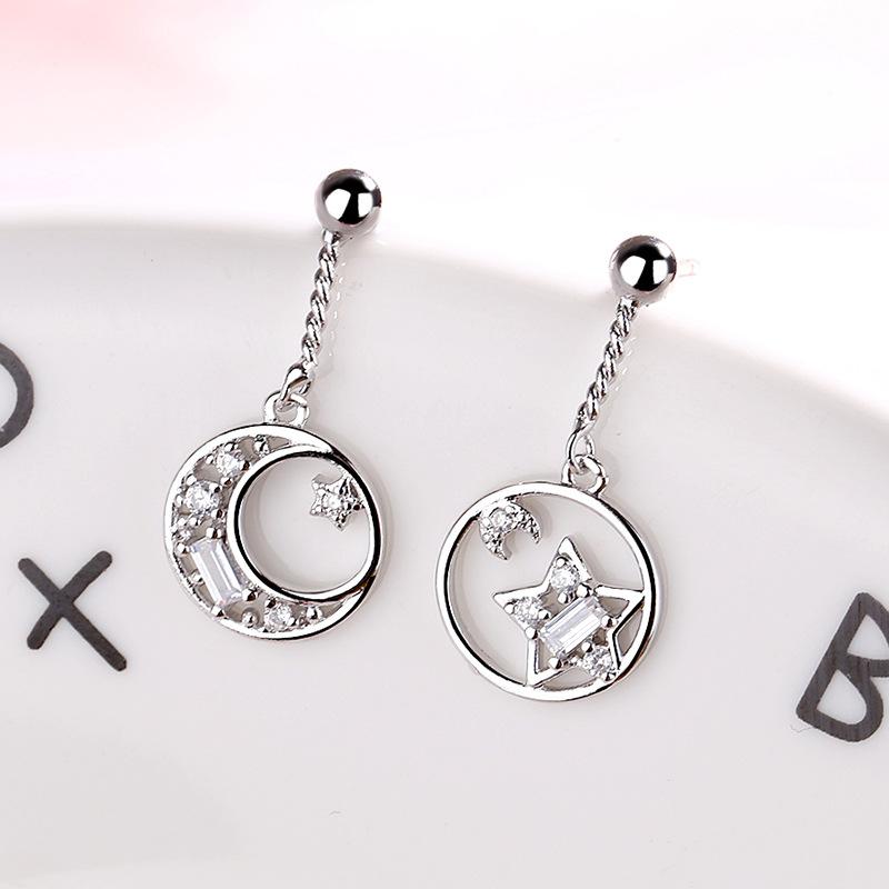 925 Sterling Silver Big Round Star Moon Statement Dangle Earrings For Women Lady Fashion Jewelry Pendientes Mujer Moda