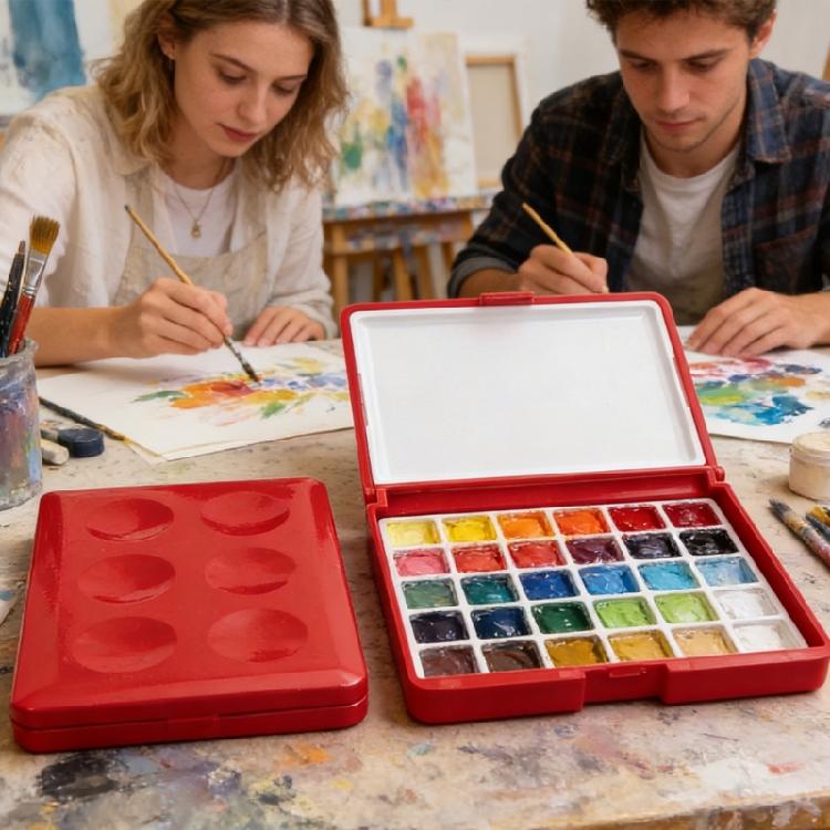 Portable Watercolor Paint Holder Tray with Leakproof Lid 24 Wells Paint Storage Box For Oil Acrylic Watercolor Pigments