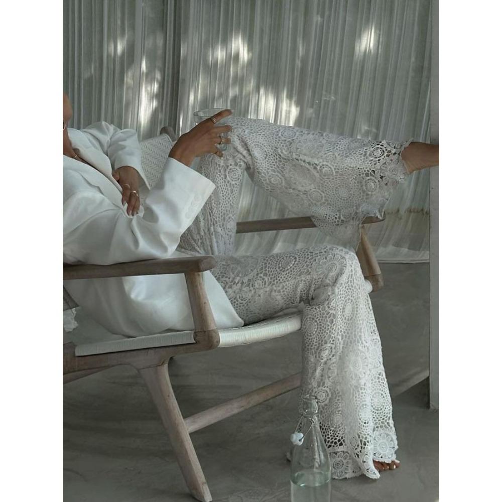 Europe, America, Spring Romantic French Lace Casual Pants Women s Sexy Perspective Holiday Pants S белый