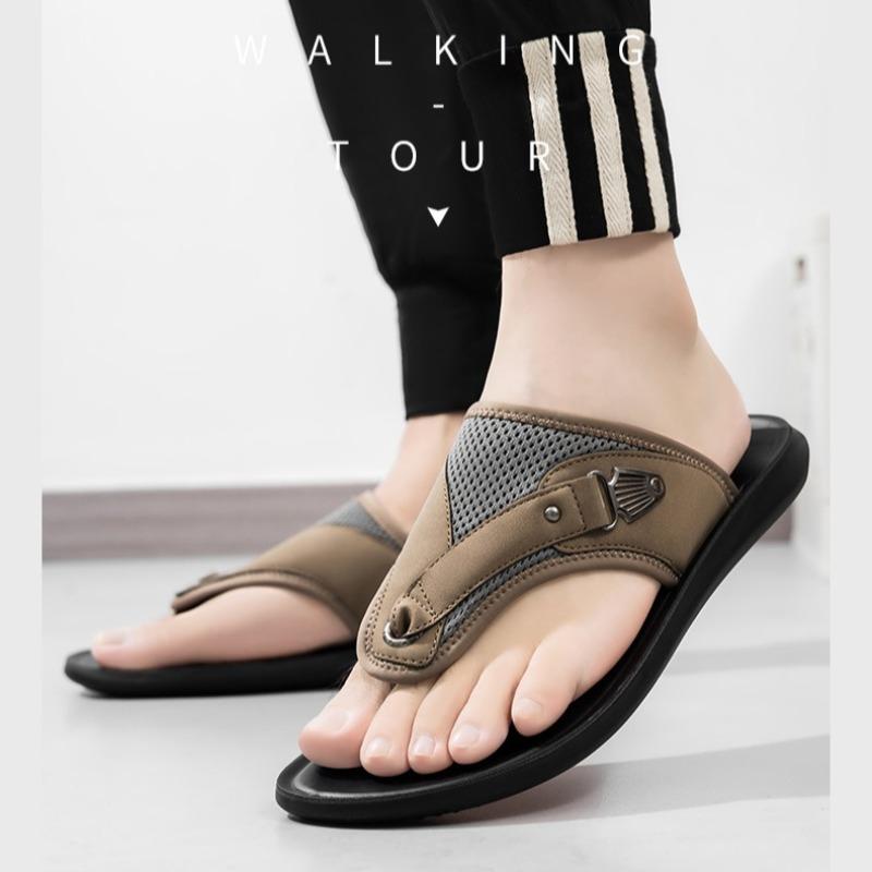 Men's Slippers High Quality Leather Sandals 2025 Summer New Men's Flip Flops Outdoor Casual Beach Slippers for Men Flat Sandals