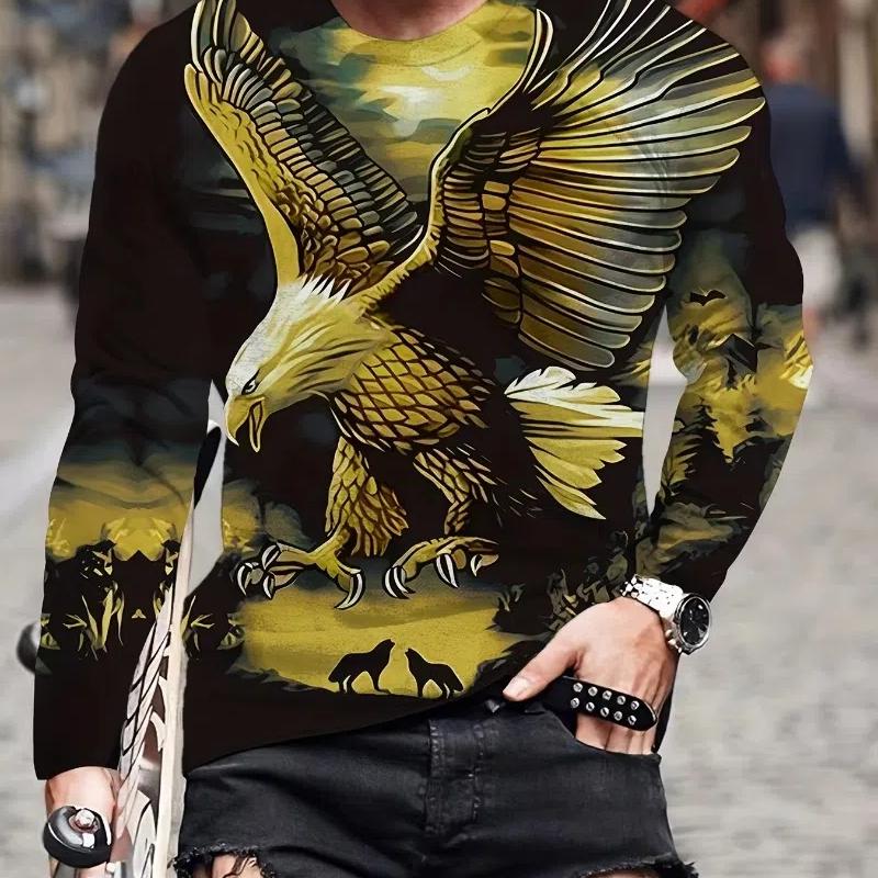 Moda Aquila Stampa Digitale 3D T-Shirt Casual Comoda a Maniche Lunghe Autunno Abbigliamento Fantasia da Uomo Top Regali da Uomo