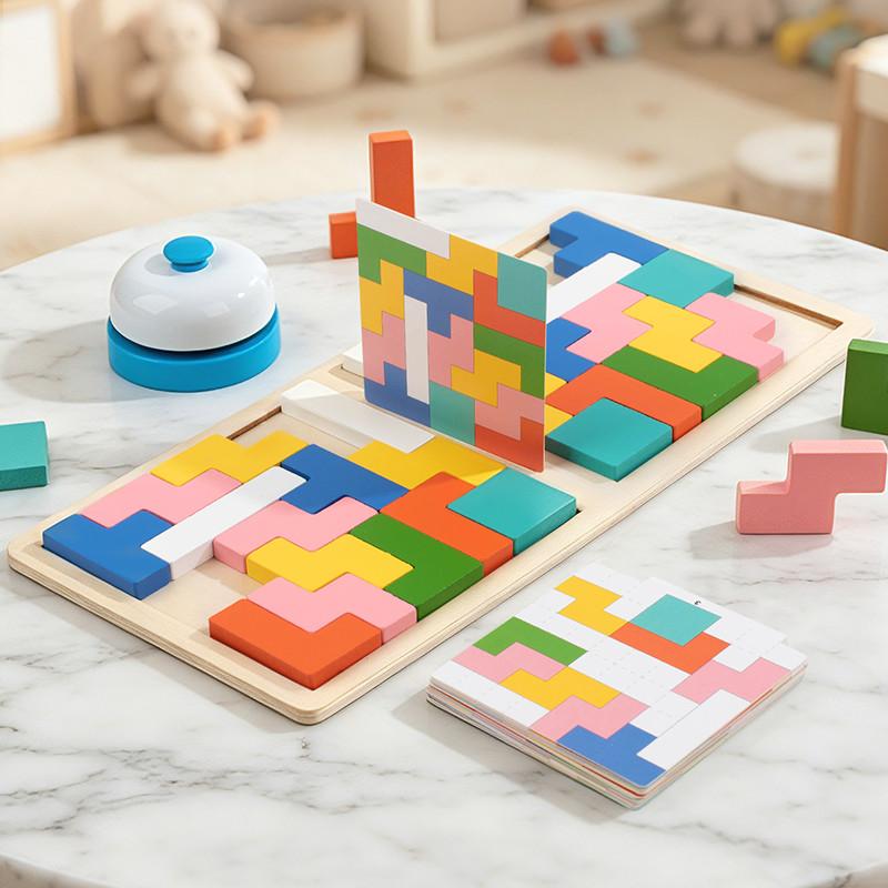 2-Player Wooden Battle Block Game with Competition Bell Kid Logic Training Interactive Board Game Family Party Puzzle Toy for 3+