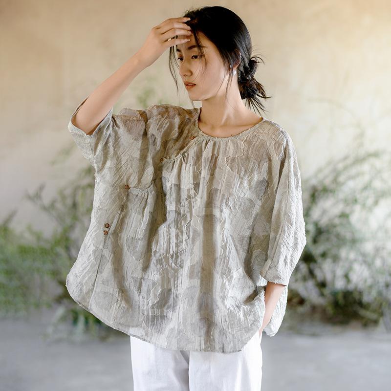 

Johnature Женские винтажные жаккардовые рубашки с круглым вырезом и рукавом семь восьмых, летние топы с принтом, цветочные, высокого качества, женские блузки XL серый