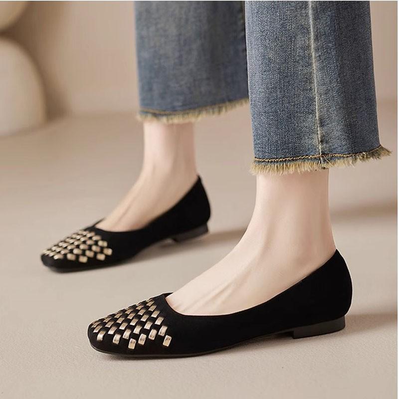 

Неглубокие балетки 2025 лето новая женская обувь темперамент квадратный носок желтые пайетки маленькие кожаные туфли французские неглубокие туфли-лодочки 40 чёрный