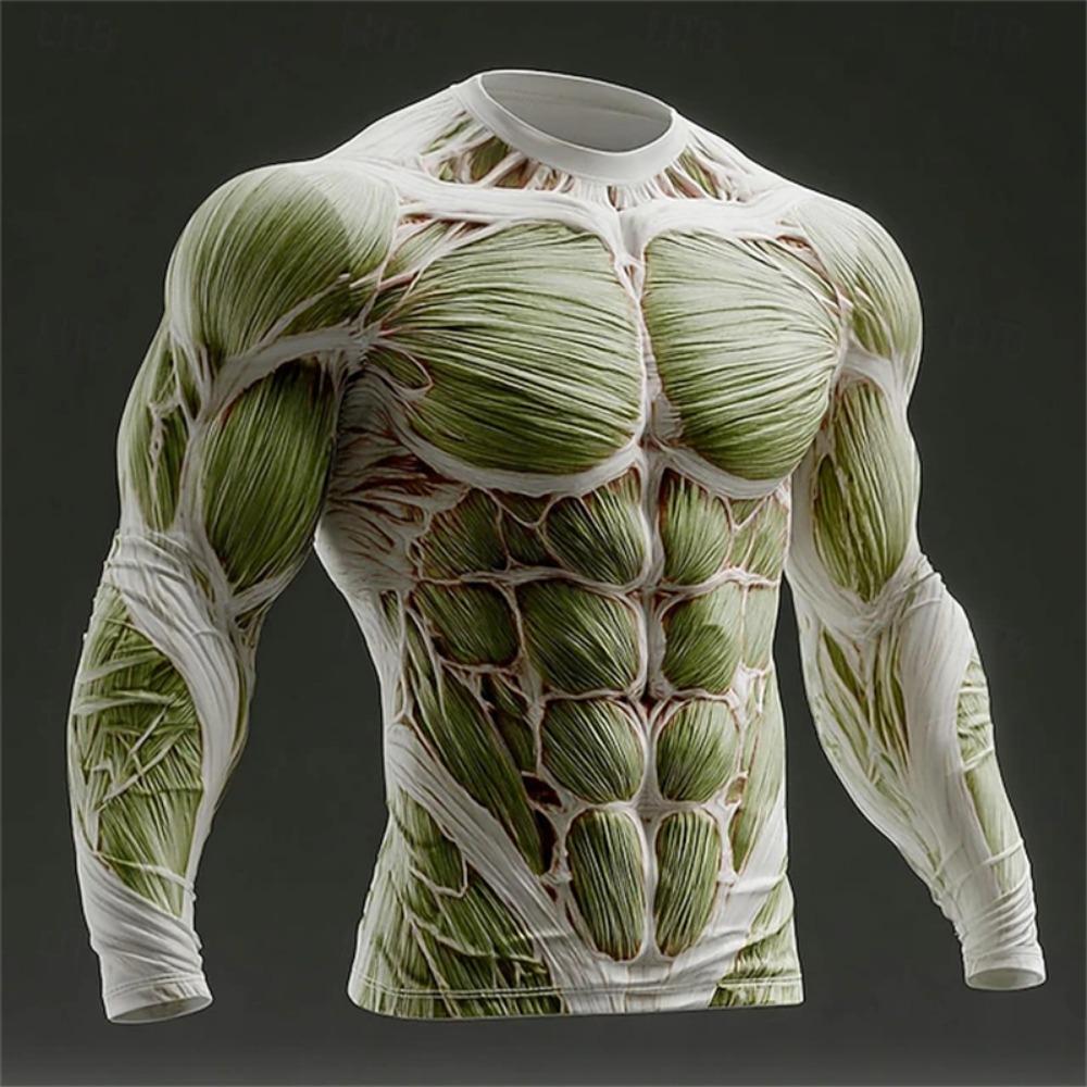 2026 New Men's 3D Muscle Print Long-Sleeve T-Shirt Fitness Crewneck Breathable Athletic Wear Stylish Bold Everyday Streetwear