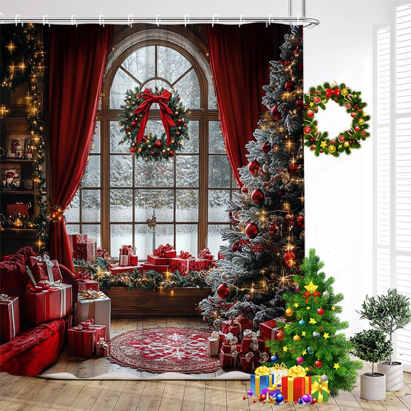 Red Christmas Shower Curtain Xmas Trees Gift Window Winter Forest Scenery New Year Home Wall Hanging Bathroom Decor With Hooks