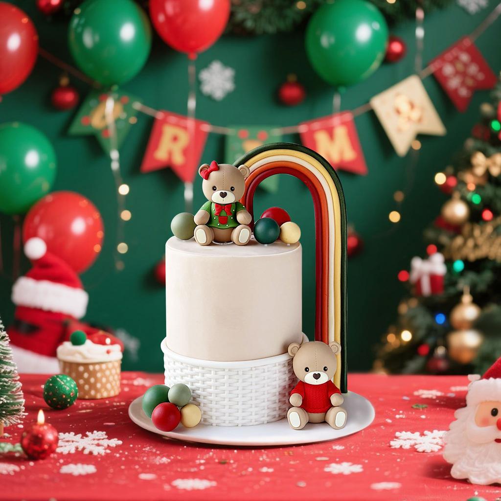 12pcs Christmas cartoon red sweaters, green shirts, teddy bear figurines, rainbow arches, gift boxes, soft rubber cake decoratio
