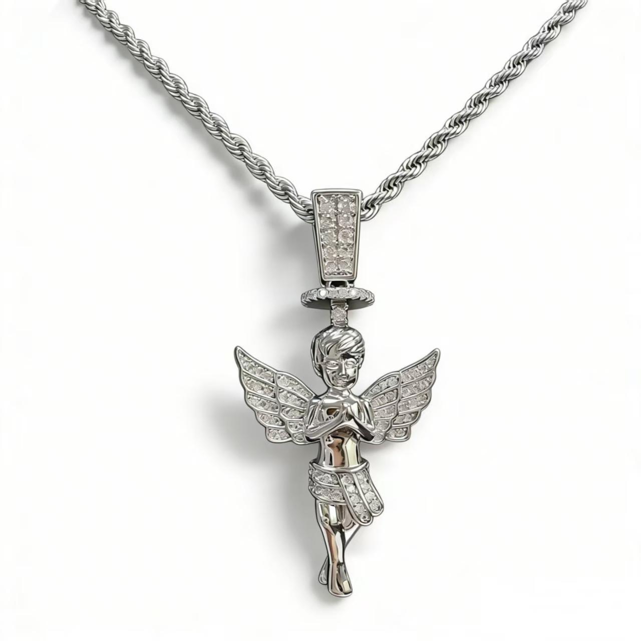 

Halo Angel Boy Pendant Necklace With Wings Hip Hop Moissanite Jewelry D VVS1 Fine Jewelry For Men Women 1.2mm белый