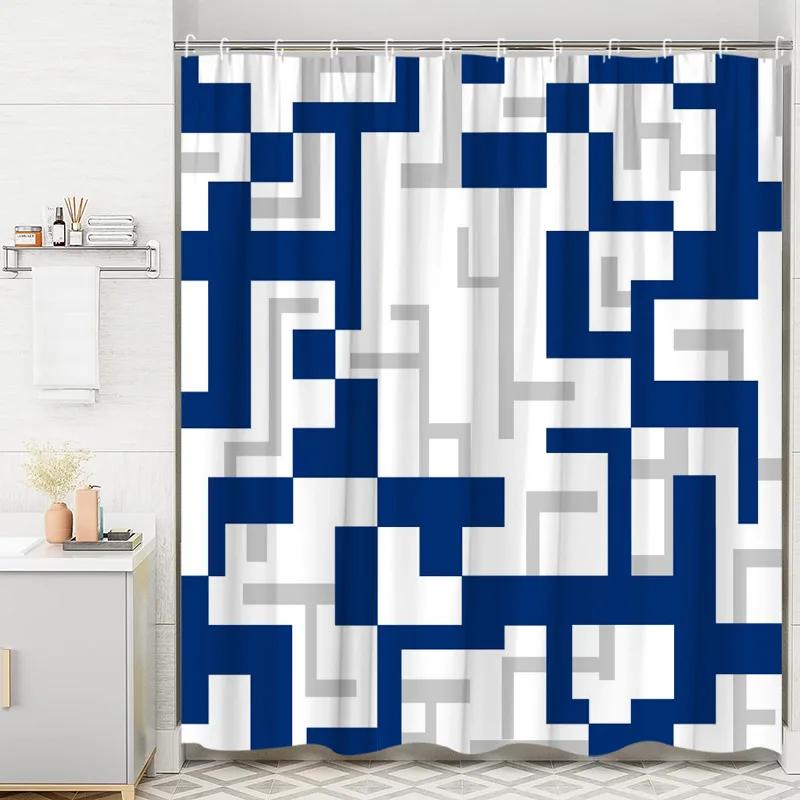 

Modern Geometric Shower Curtain with Striped Curves Black and White Squares Minimalist Neutral Home Bathroom Decoration 90x180cm