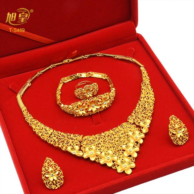 

Дубай, 24-каратное позолоченное бутиковое ювелирное изделие, модное аллювиальное золото, комплект из 4 предметов/ожерелье/серьги/кольцо/браслет, свадебная оптовая продажа