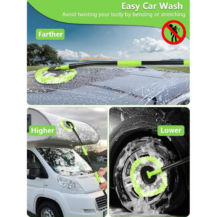Curved Car Wash Brush Mop 47" With Long Handle Sturdy Metal Pole 3 Grip Points Washing Wand Auto Cleaning Tool Kit Scratch-Free Chenille Microfiber