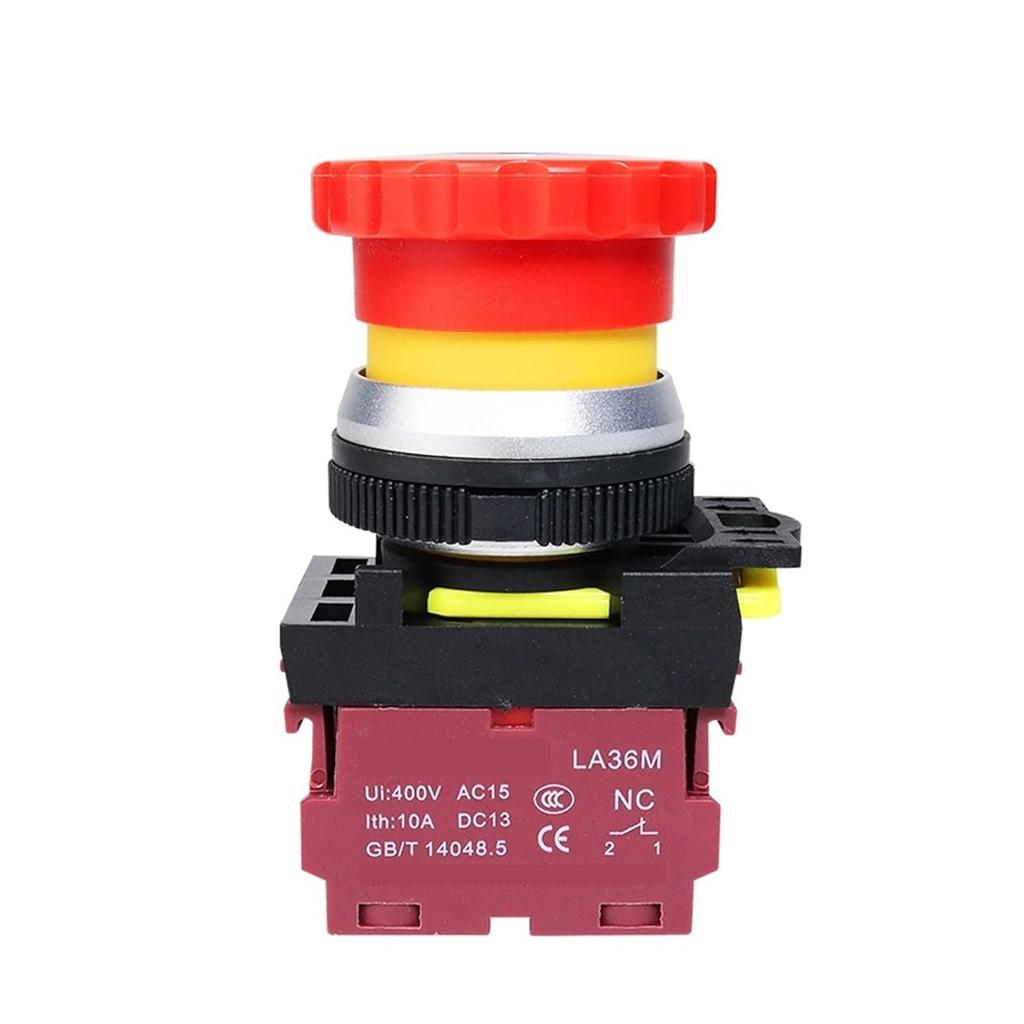 30mm LA36M Emergency Stop Push Button Switch Latching Self Locked Plastic Mushroom E-Stop Switch with Red LED Light 220v 12v 24v(Without