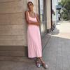 Summer New Knitted Square Neck Pleated Slip Dress, Casual Lazy Vacation Sundress for Women, European & American Style