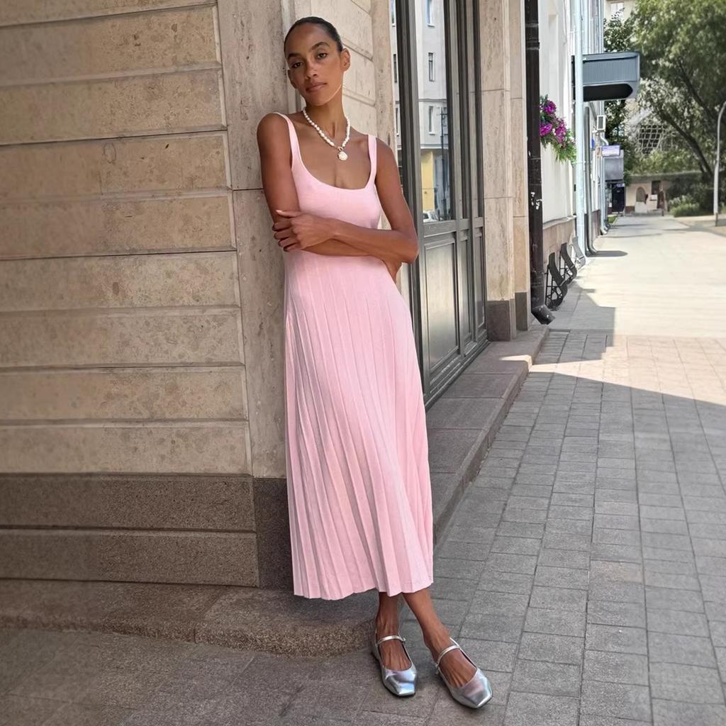 Summer New Knitted Square Neck Pleated Slip Dress, Casual Lazy Vacation Sundress for Women, European & American Style