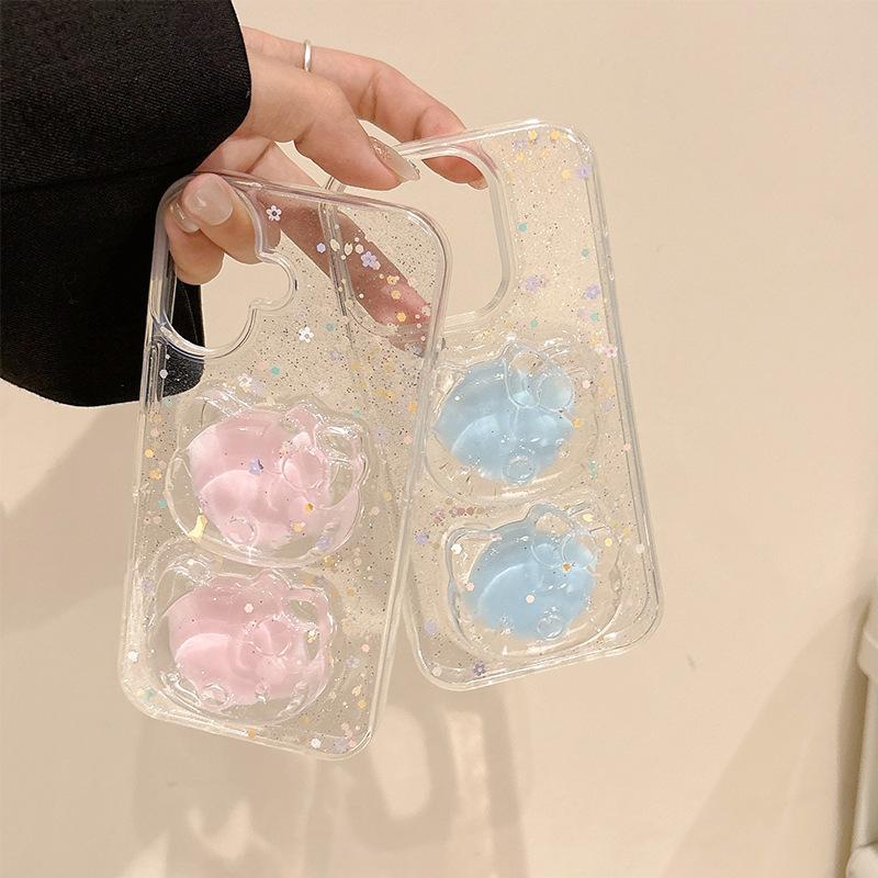 Sparkling Glitter Transparent Cream KT Cat Phone Case for Apple 17promax Small Clear Fresh Air for IPhone 15