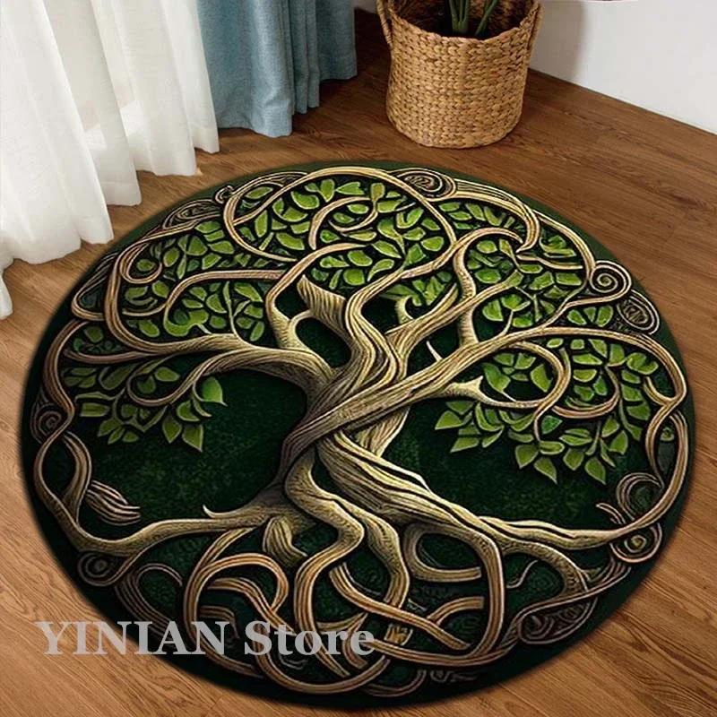 3D Viking Yggdrasil Tree of Life Area Rug Round Carpet Rugs for Living Room Bedroom Sofa Decoration Kids Play Non-slip Floor Mat