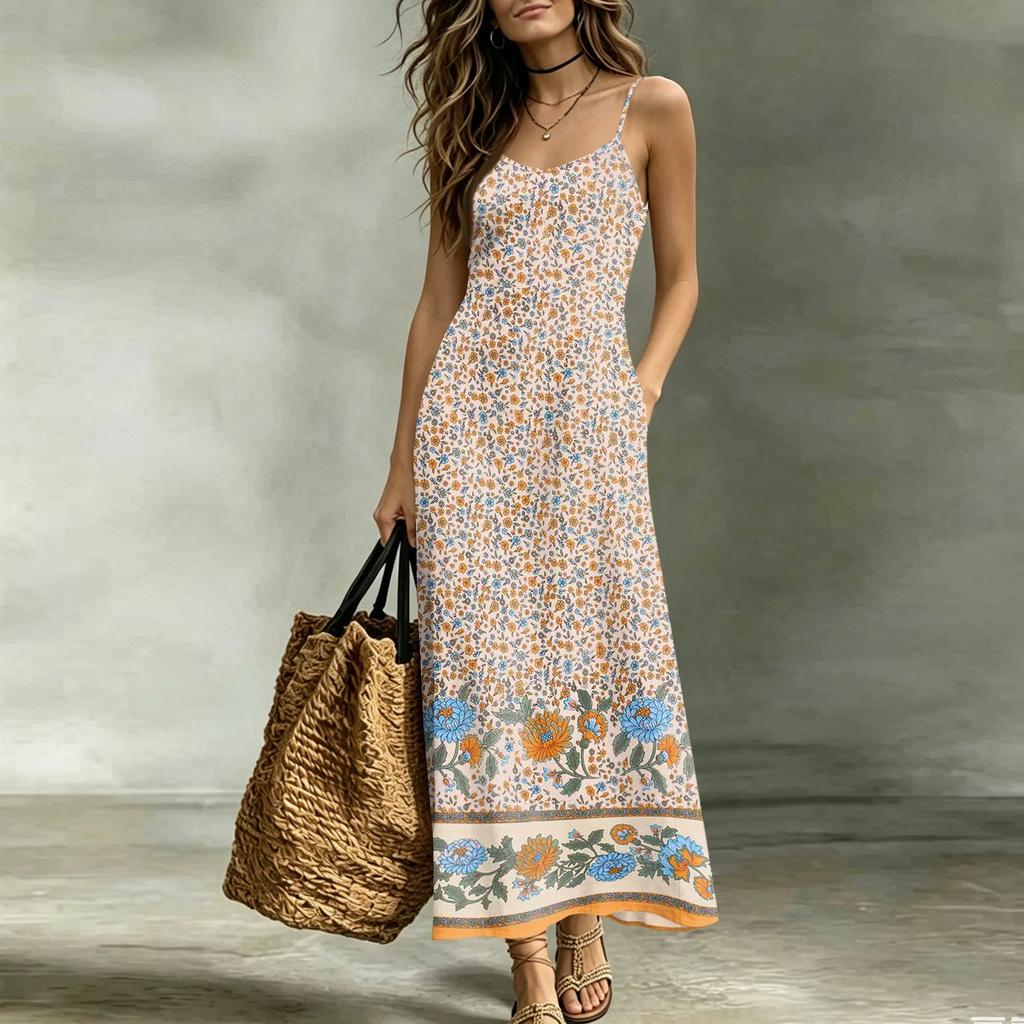 Women’s Sleeveless V Neck Maxi Dress with Spaghetti Straps and Floral Print Loose Fit Summer Long Dress for Daily Wear
