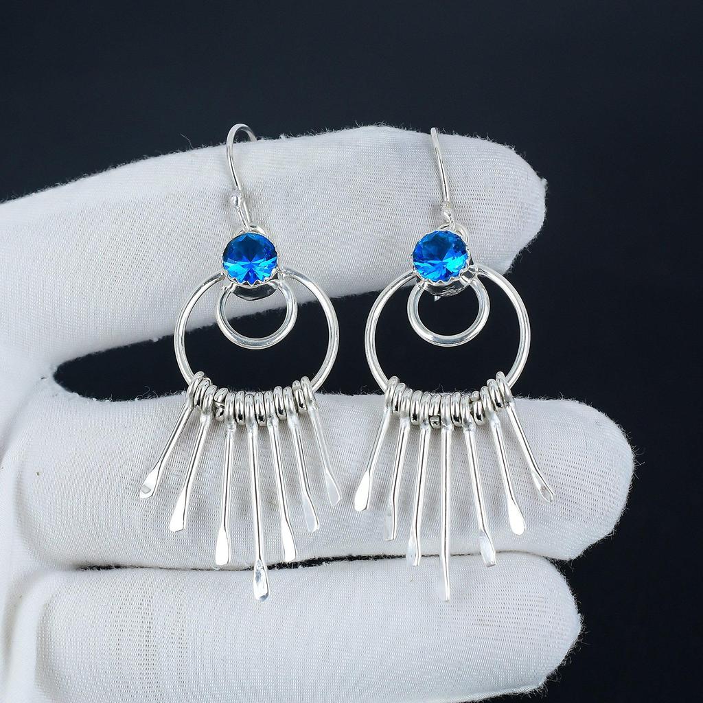 Siwss Blue Topaz Gemstone Hook Earrings 925 Sterling Silver Earring, Handmade Boho Silver Jewelry Dangle Earrings, Party Wear Gift