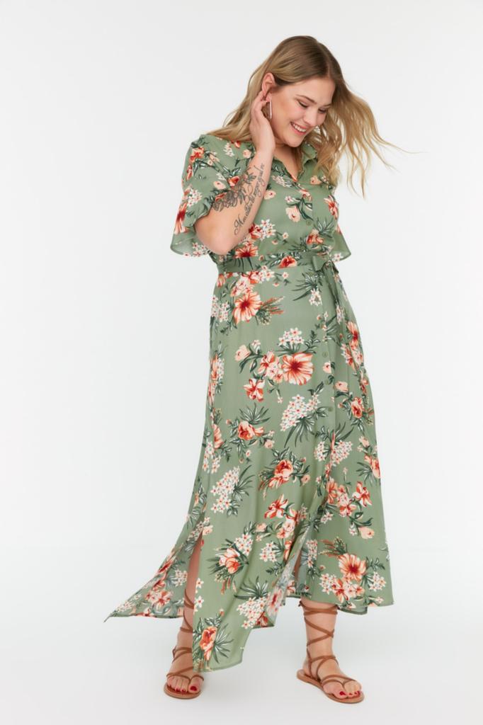 Women's Style Plus Size Green Floral Woven Slit Shirt Dress