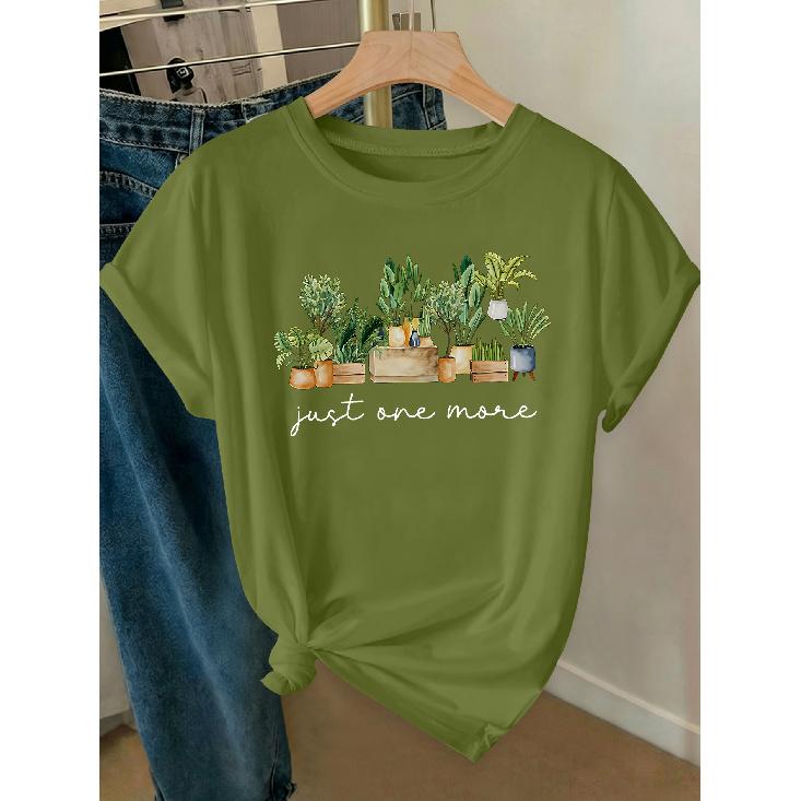 Elegant Women's Clothing with Green Plant and Potted Plant Prints, a High-value Gift, Round Neck, Short-sleeved for Spring, Summer, and Autumn T