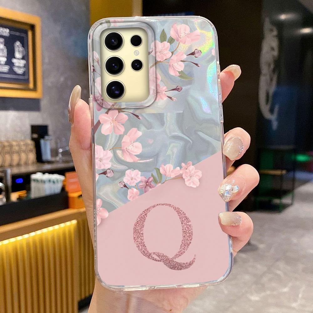 A Z Pink Letter Peach Flower ?Shockproof Phone Case For Samsung Galaxy S25 Edge S24 FE Plus Ultra Couple Silicone Fundas Cover