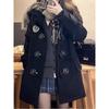 College Wind Horn Button Coat Coat Long Coat In Autumn and Winter Black Woolen Cloth