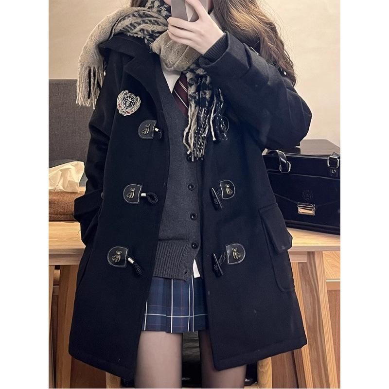 College Wind Horn Button Coat Coat Long Coat In Autumn and Winter Black Woolen Cloth