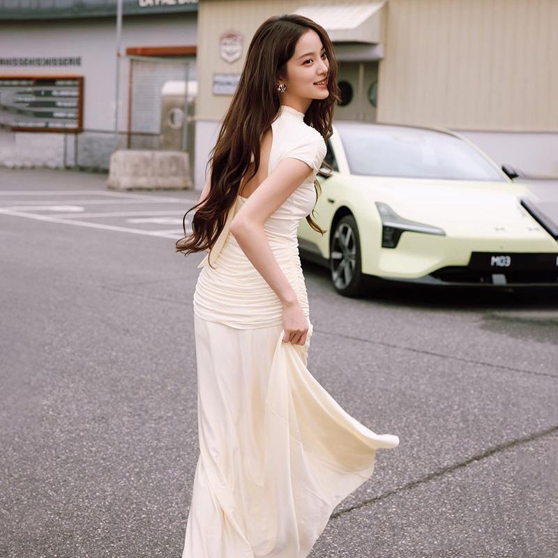 2026 European and American slim sexy tight hip wrap waist temperament short sleeve long knee shirt slim dress S