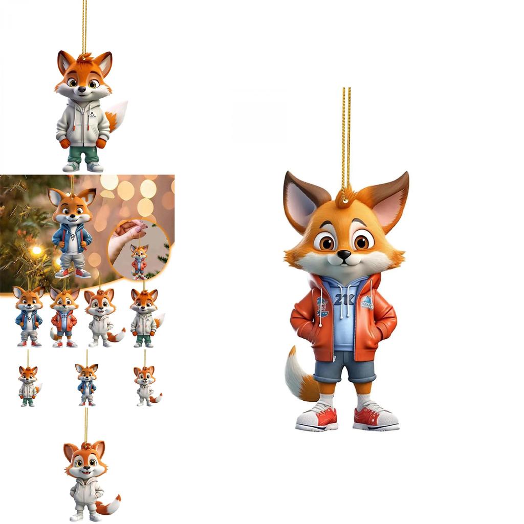 Adorable Cartoon Fox Acrylic Flat Christmas Tree Ornament For Car Interior Decoration