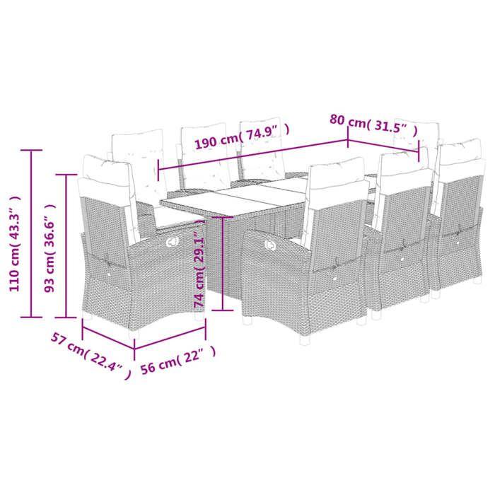 VidaXL Ensemble à Manger de Jardin avec Coussins 9 pcs, Table et Chaises avec Dossier Réglable, Meubles d'Extérieur, 3212682