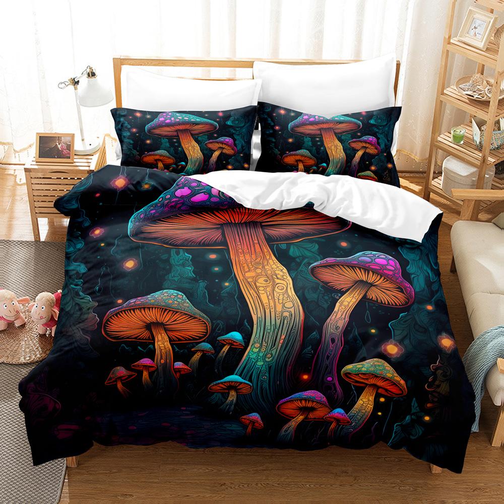 3D Digital Printing Fluorescent Mushroom Series Three-Piece Bedding