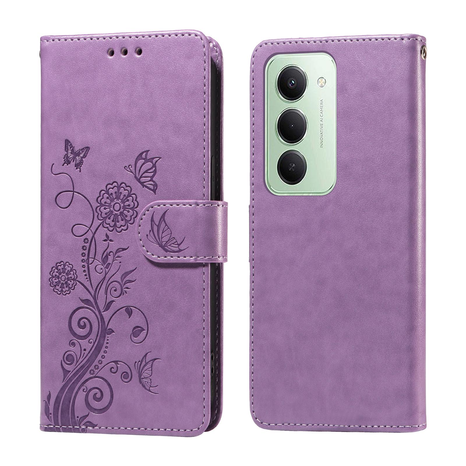 

Для Xiaomi Redmi 15 5G Кожаный чехол Бабочка Цветочный принт Кошелек Подставка Обложка Purple
