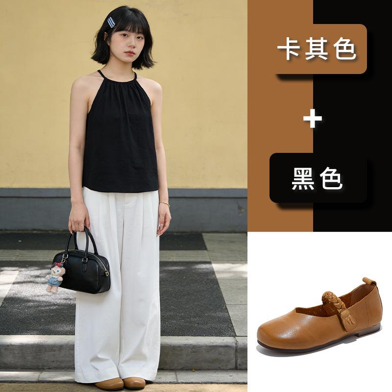First layer cowhide Mary Jane shoes women's spring and summer new shallow mouth small leather shoes Velcro single shoes women's versatile women's shoe