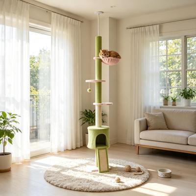 Verstellbarer Boden-Decke Kratzbaum für Katzen 220-240cm, 5-stufig, Sisal-Kratzsäule, Grün