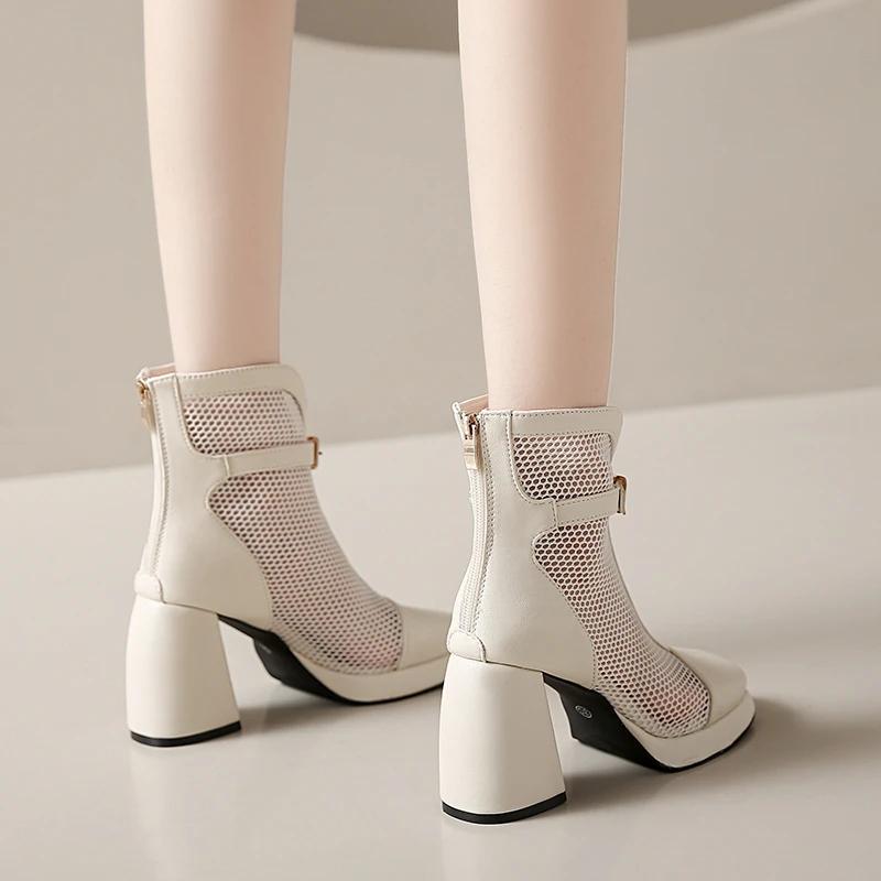2025 Mesh Women's Boots Breathable Square Toe Back Zip Chunky Heels Ankle Sandals Boots Elegant Buckle Modern Boots