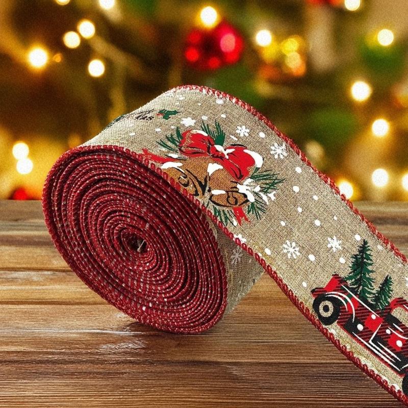 2 Rolls Bucolic Burlap Style Ribbon With Santa Sleigh Bells Holiday Homes Decoration Accessories