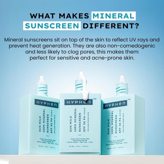 Hyphen Sun Milk 100% Minerální opalovací krém Spf 50 Pa++++ UV+ Ochrana proti modrému světlu, 25% Nano oxid zinečnatý | Pro ženy a muže - 50 ml