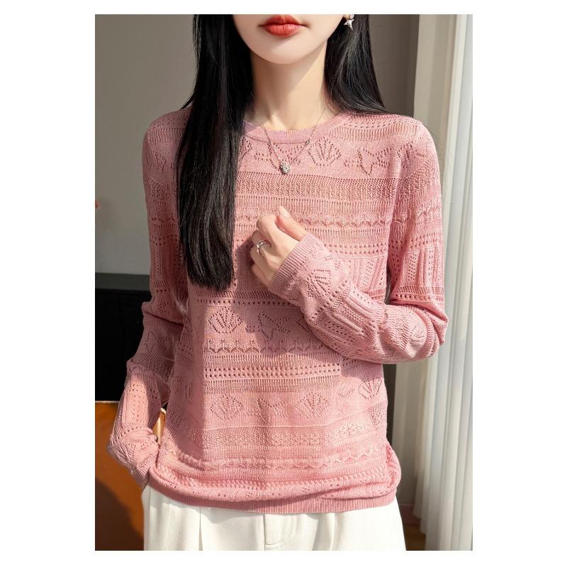 Women S Loose Long Sleeve Round Neck Cutout Knit Sweater Base Layer