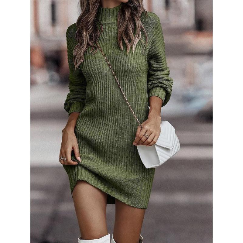 Herbst und Winter Einfarbig Langarm Mode Rollkragen Pulloverkleid für Damen