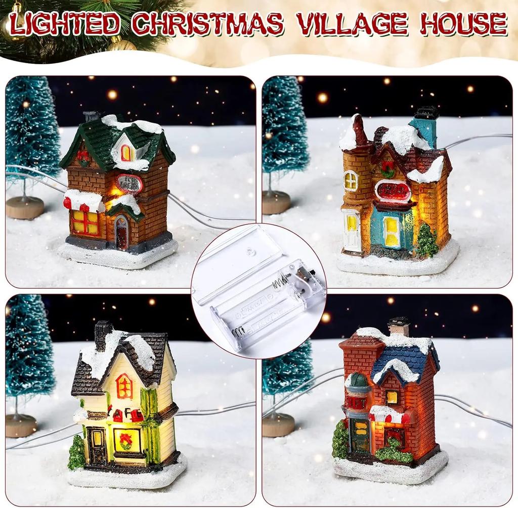 Holiday Landscape Decor Set Christmas Resin Miniature Houses with Light Up Village Collection for Tabletop Display