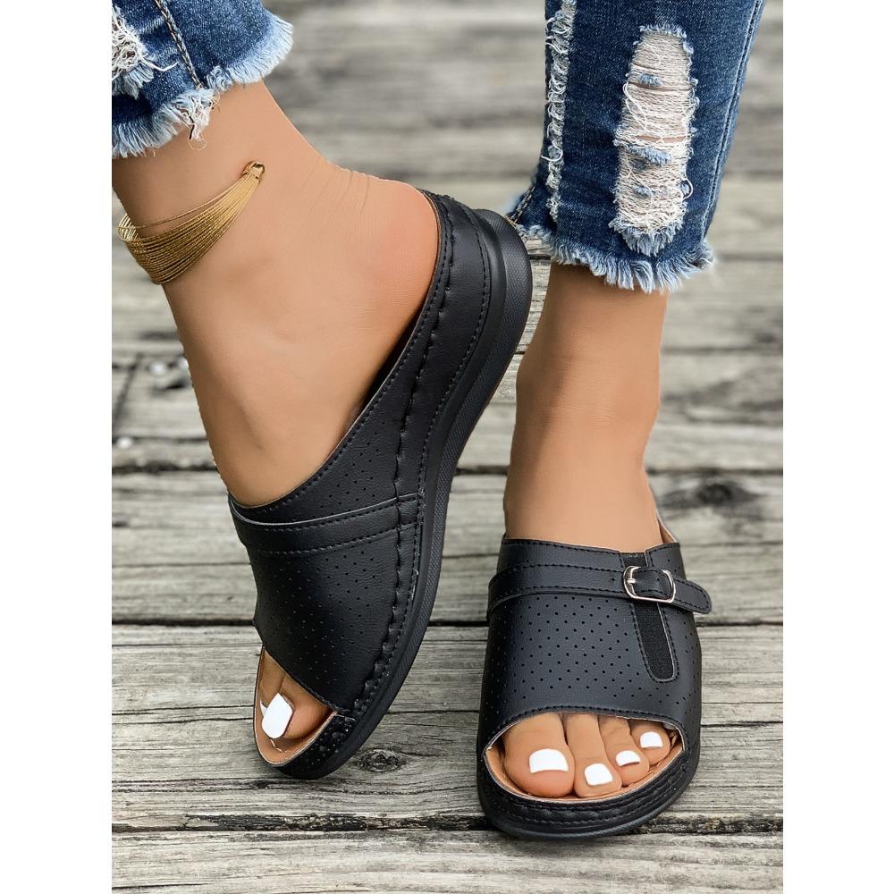 Übergröße Damen Metall Schnalle Eine Riemen Keilabsatz Sandalen, Sommer Dicke Plateau Peep Toe Erhöhte Freizeit Schuhe