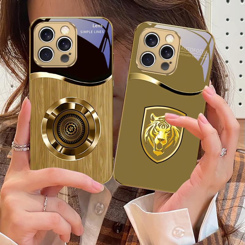 Metal retro pattern For IPhone 16 16Pro Max 15 P ro 14 13 Plus 12 Mini 11Pro Max XS Max XR 16E 14Plus X Golden glass phone case
