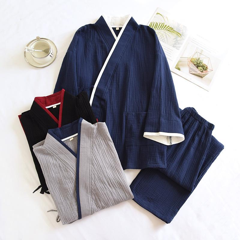 Spring and Autumn Thin Men's Kimono Robes with Long Trousres Cotton Color Matching Pajamas Plus Size Home Pyjamas Set